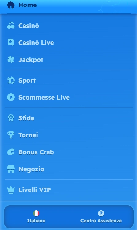 Menu mobile del casinò Spinfest